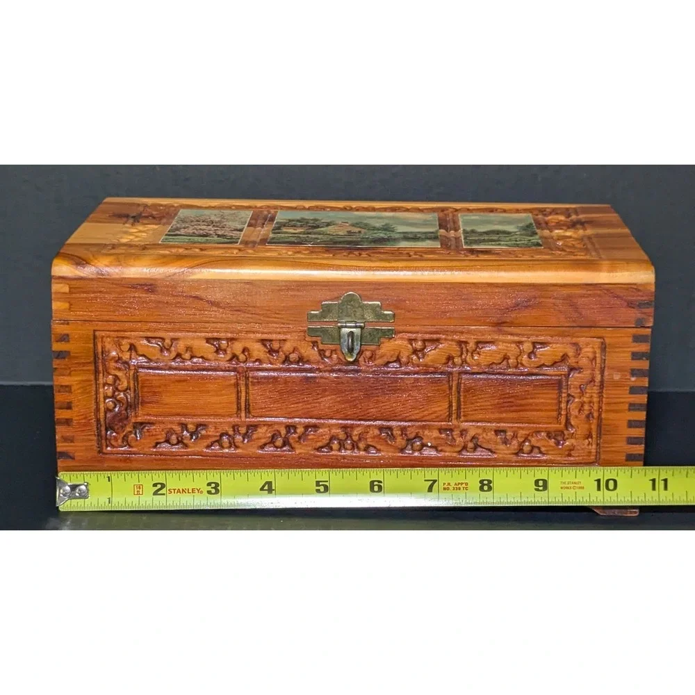 Vintage Hand Carved Cedar Wood Jewelry Keepsake Box Cottage Landscape 11